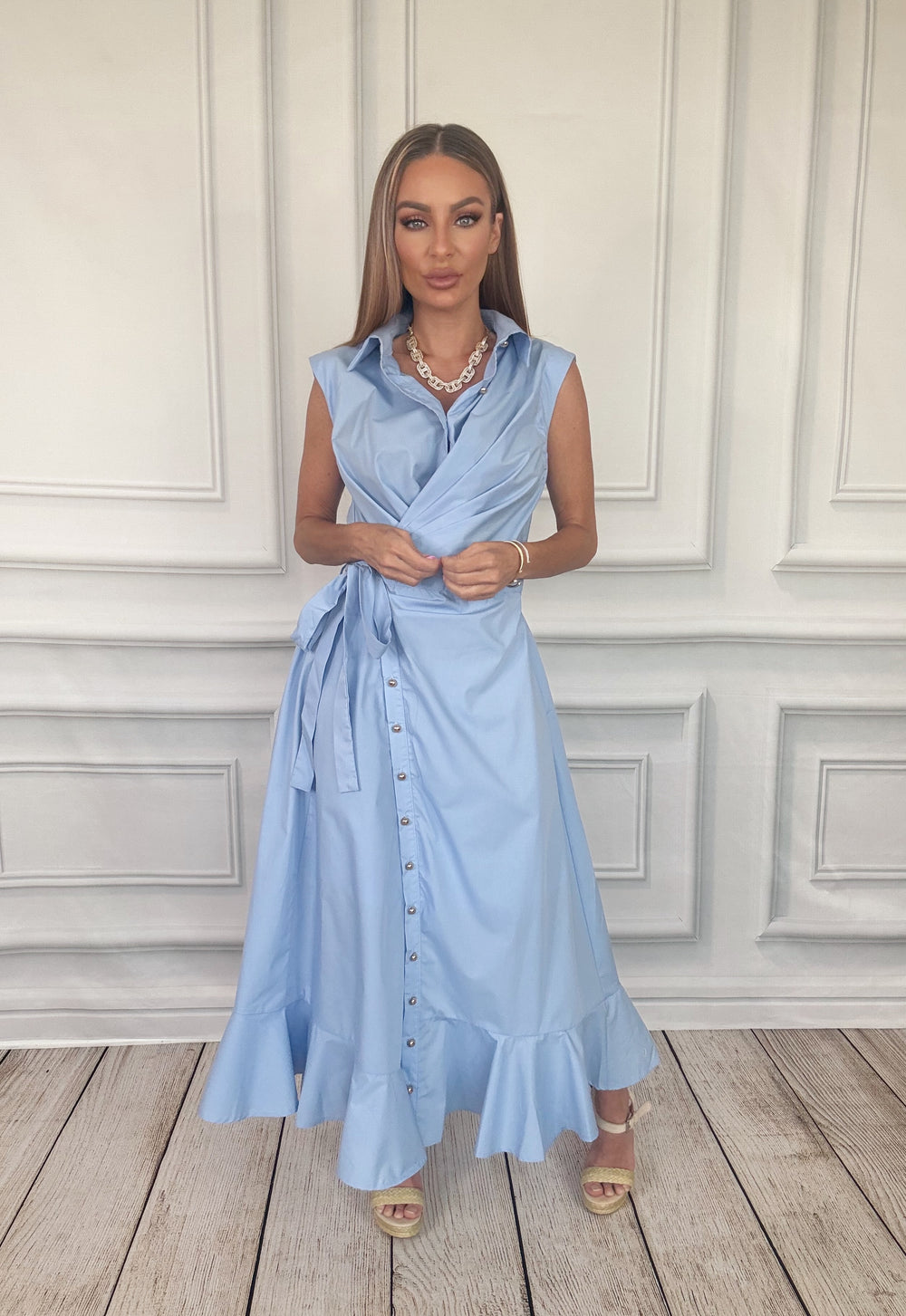 Liberty Chambray Tie Dress-Midi Dresses-Entro-Shop with Bloom West Boutique, Women's Fashion Boutique, Located in Houma, Louisiana