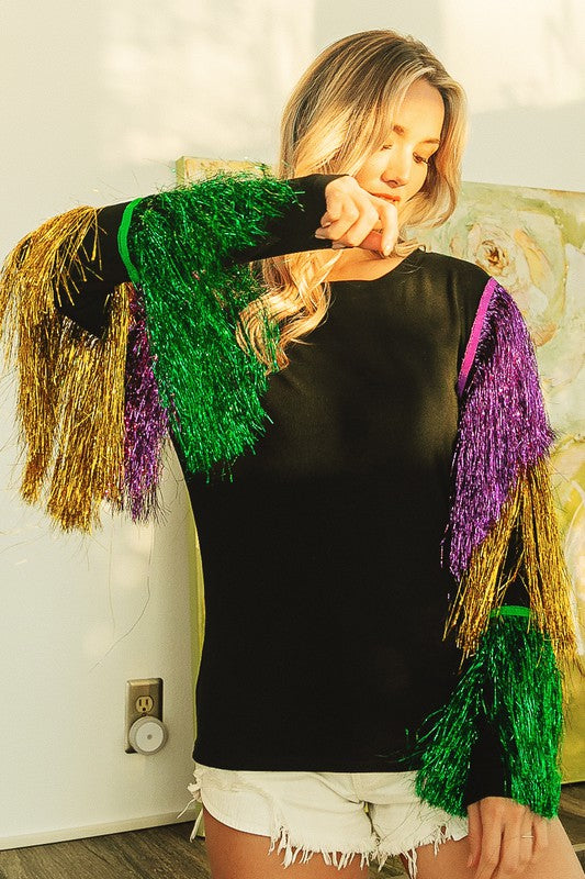 Tiered Tinsel Fringe Mardi Gras Top-Long Sleeves-Bibi-Shop with Bloom West Boutique, Women's Fashion Boutique, Located in Houma, Louisiana