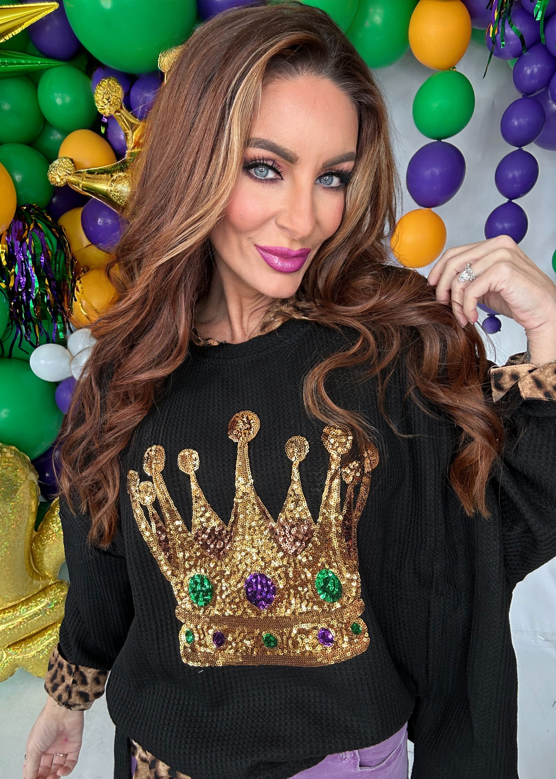 Crown Sequin Embroidery Mardi Gras Sweatshirt Top-Tops-Bibi-Shop with Bloom West Boutique, Women's Fashion Boutique, Located in Houma, Louisiana