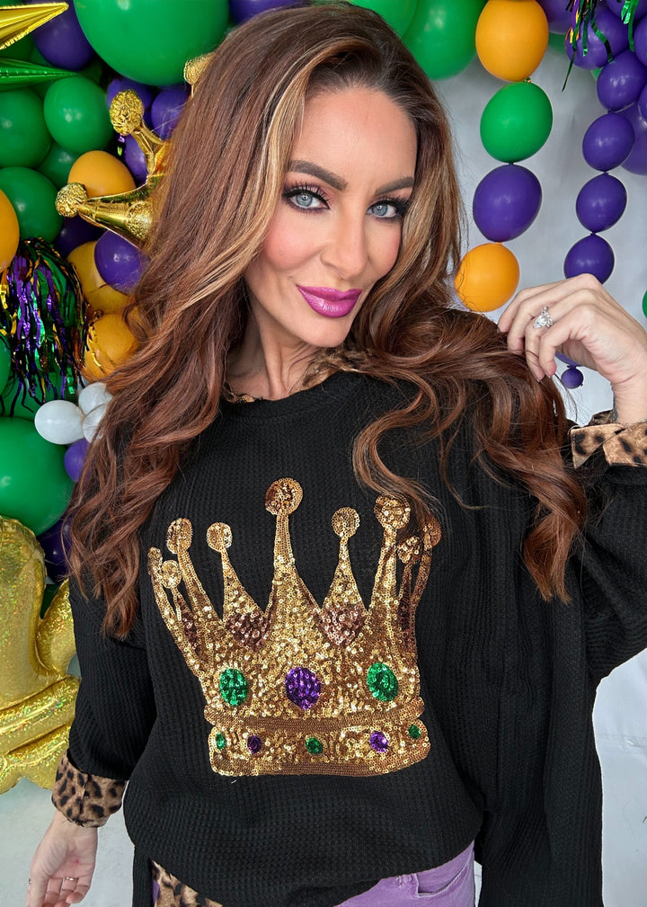 Crown Sequin Embroidery Mardi Gras Sweatshirt Top-Tops-Bibi-Shop with Bloom West Boutique, Women's Fashion Boutique, Located in Houma, Louisiana