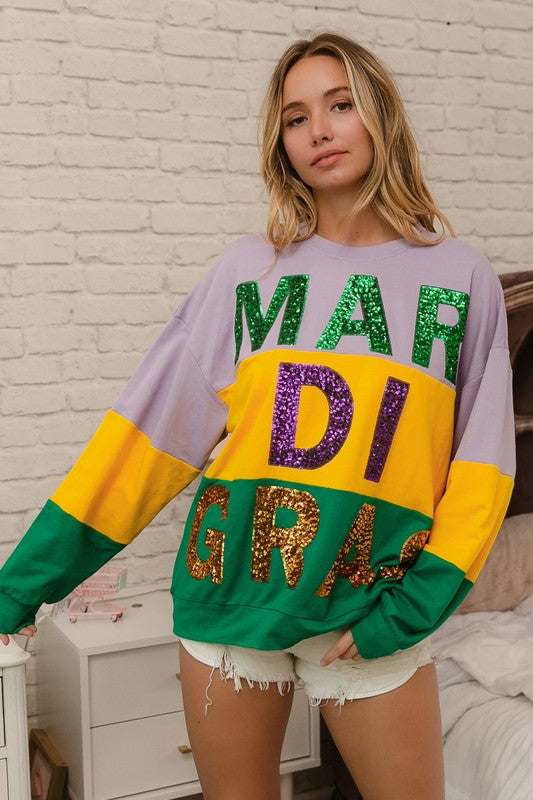 Rex Sequin Mardi Gras Lettering Color Block Sweatshirt-Sweaters-Bibi-Shop with Bloom West Boutique, Women's Fashion Boutique, Located in Houma, Louisiana