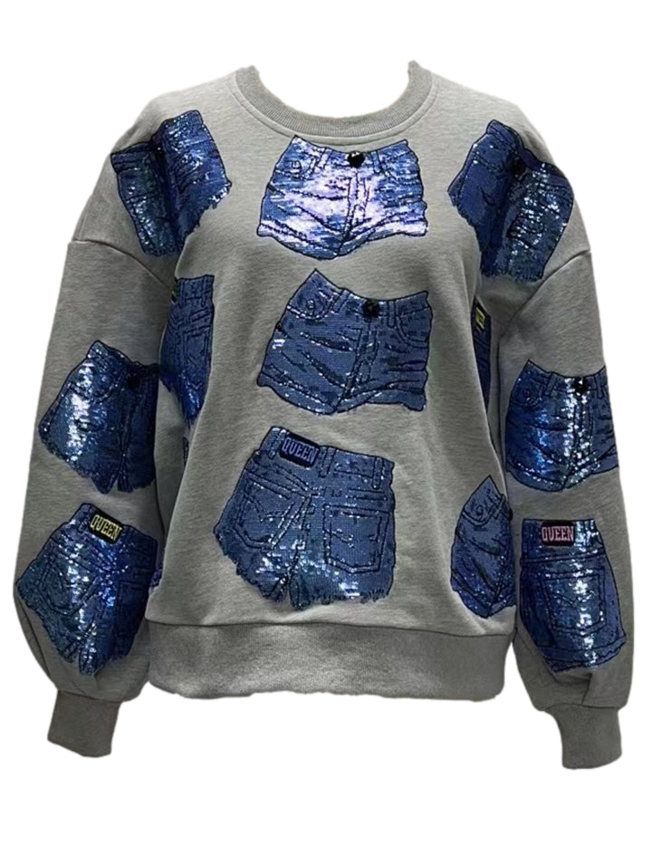 Queen Of Denim by Queen of Sparkles Sweatshirt-Shorts-Queen Of Sparkles-Shop with Bloom West Boutique, Women's Fashion Boutique, Located in Houma, Louisiana