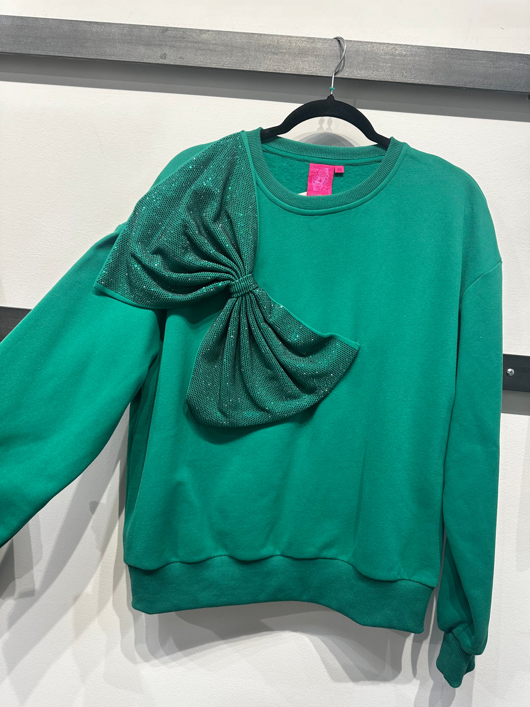 Queen Of Sparkles Green Oversized Rhinestone Bow Sweater-QOS Tops-Queen Of Sparkles-Shop with Bloom West Boutique, Women's Fashion Boutique, Located in Houma, Louisiana