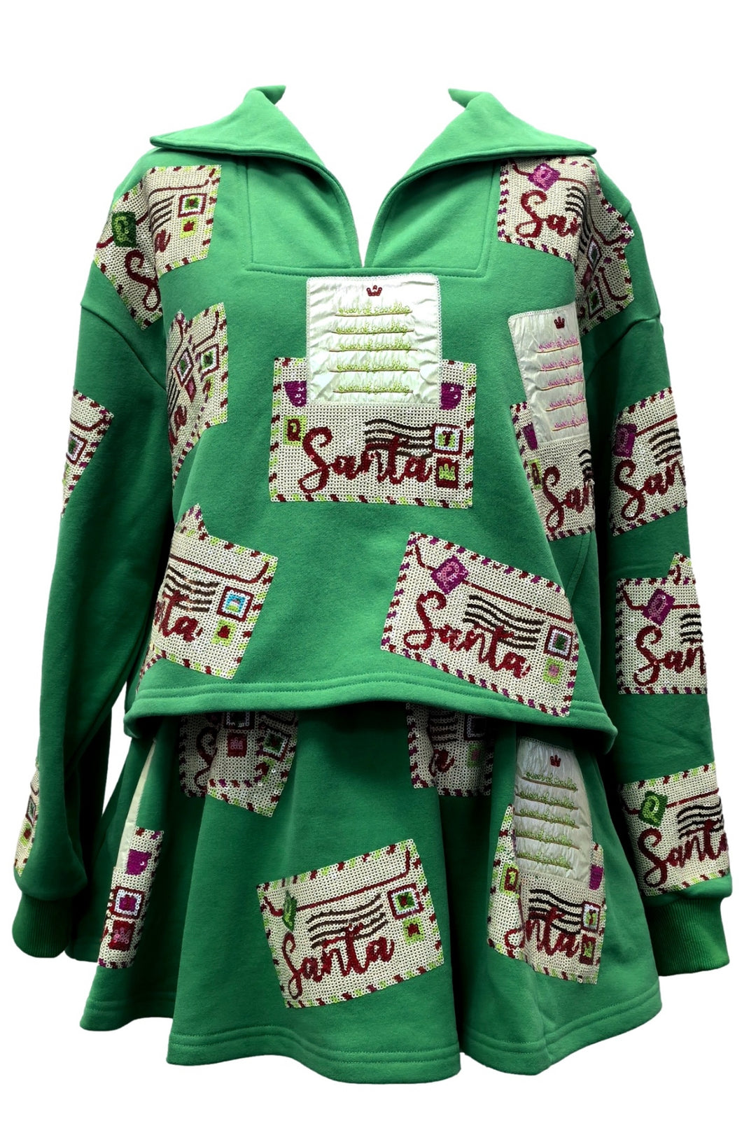 Queen of Sparkles Green Letters to Santa Collar Sweatshirt-Long Sleeves-Queen Of Sparkles-Shop with Bloom West Boutique, Women's Fashion Boutique, Located in Houma, Louisiana