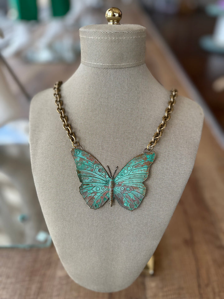 Vintage Gold Plated Chain With Patina Butterfly Necklace-Necklaces-Erin Knight Designs-Shop with Bloom West Boutique, Women's Fashion Boutique, Located in Houma, Louisiana