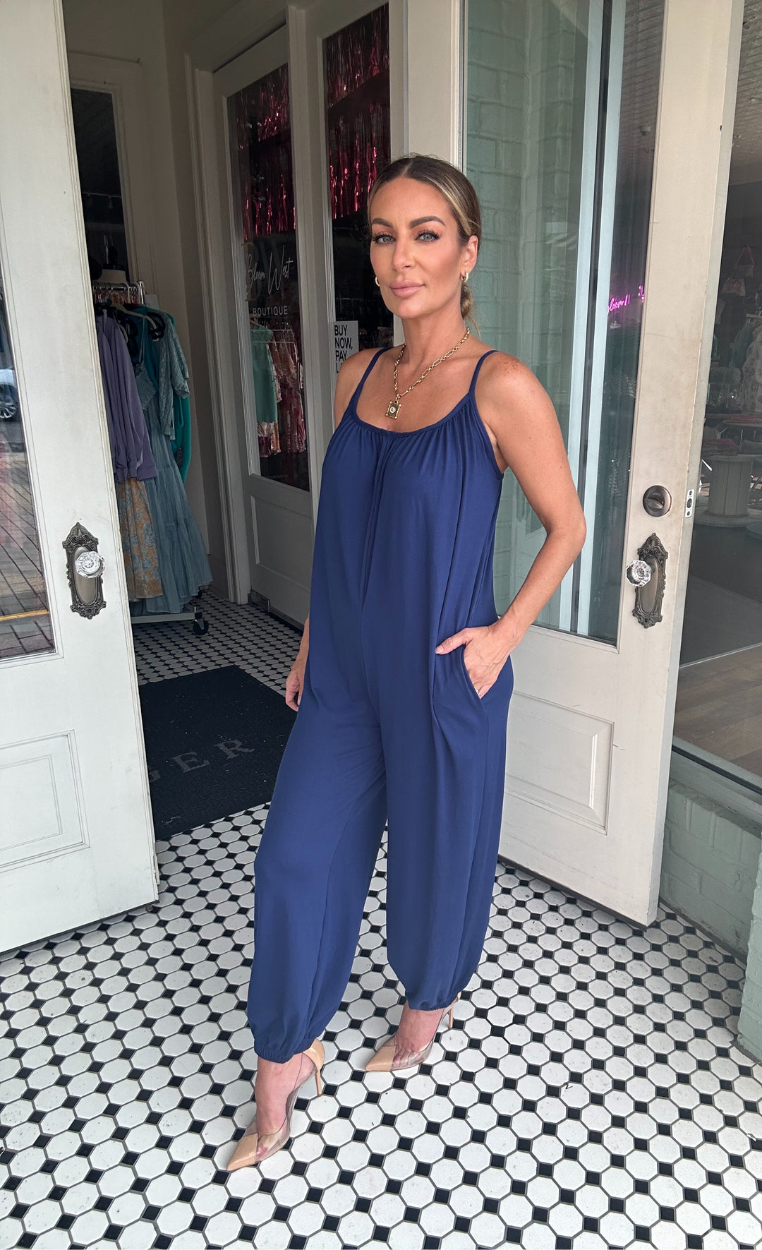 Hope Spaghetti Strap Jogger Jumpsuit-Jumpsuits-Capella Apparel-Shop with Bloom West Boutique, Women's Fashion Boutique, Located in Houma, Louisiana