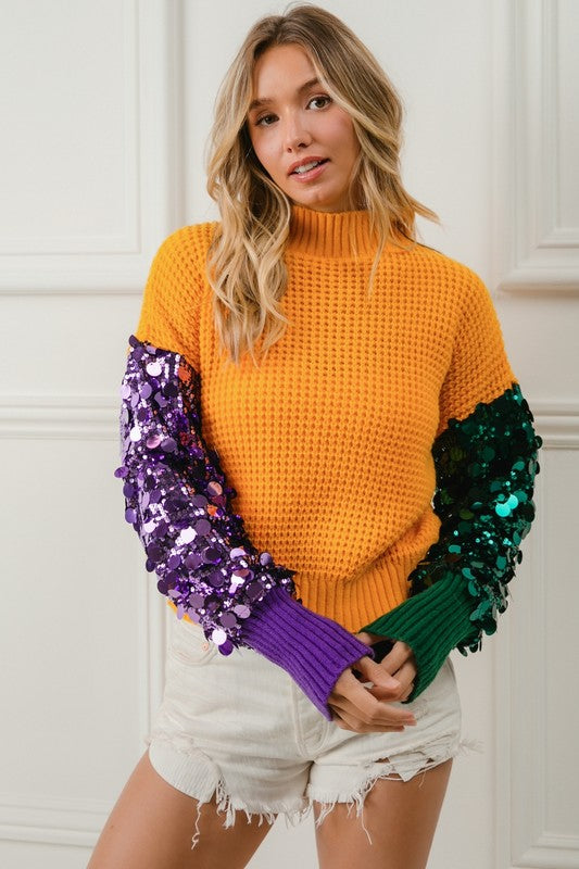 Krewe Spangled Sleeve Mardi Gras Color Block Sweater-Sweaters-Bibi-Shop with Bloom West Boutique, Women's Fashion Boutique, Located in Houma, Louisiana