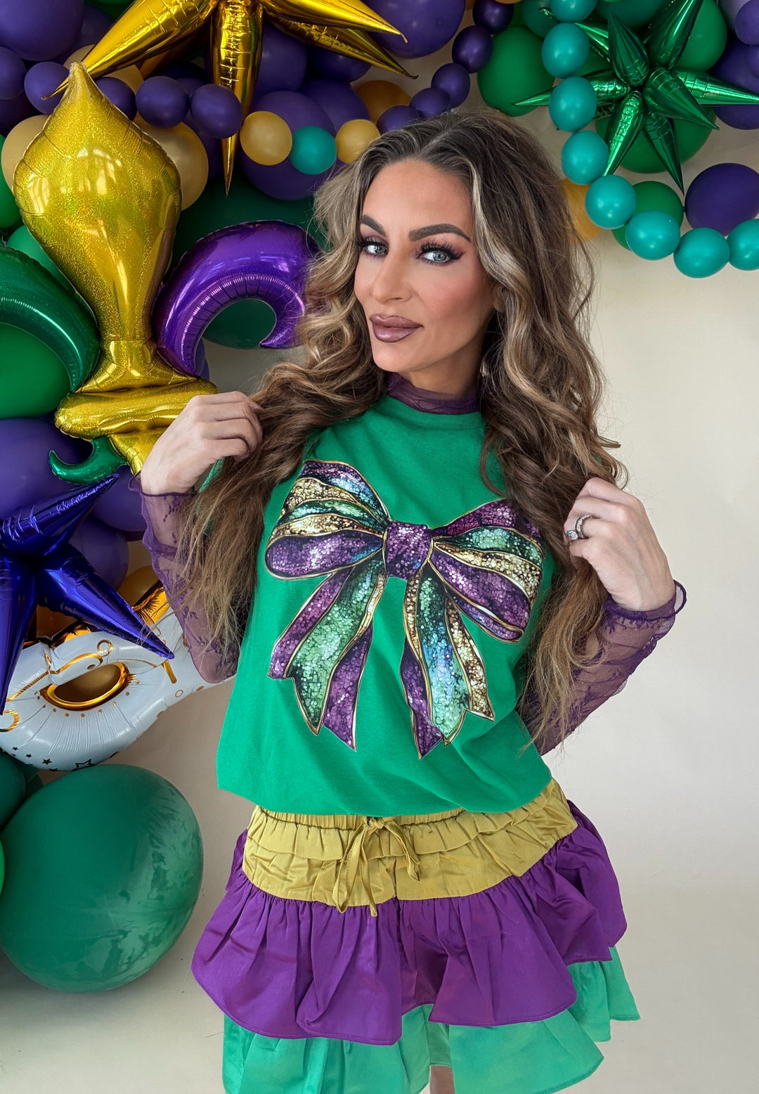 Mardi Gras Green Glitter Bow Tee-Graphic Tees-The Wild Navy-Shop with Bloom West Boutique, Women's Fashion Boutique, Located in Houma, Louisiana