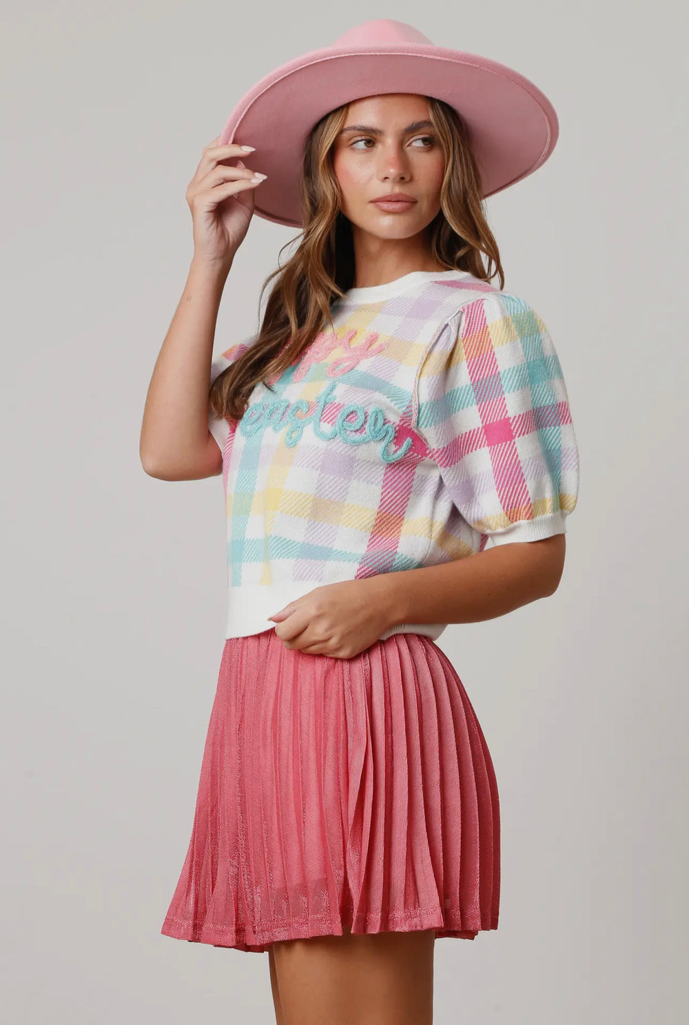 Happy Easter Puff Sleeve Gingham Pattern Sweater-Sweaters-Peach Love-Shop with Bloom West Boutique, Women's Fashion Boutique, Located in Houma, Louisiana