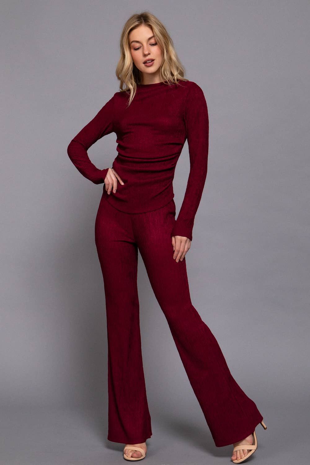 Long Sleeve Draped Top & Waist Band Flare Pants Set: BRG-wine / L-Two Piece Set-Active Basic | Active USA-Shop with Bloom West Boutique, Women's Fashion Boutique, Located in Houma, Louisiana