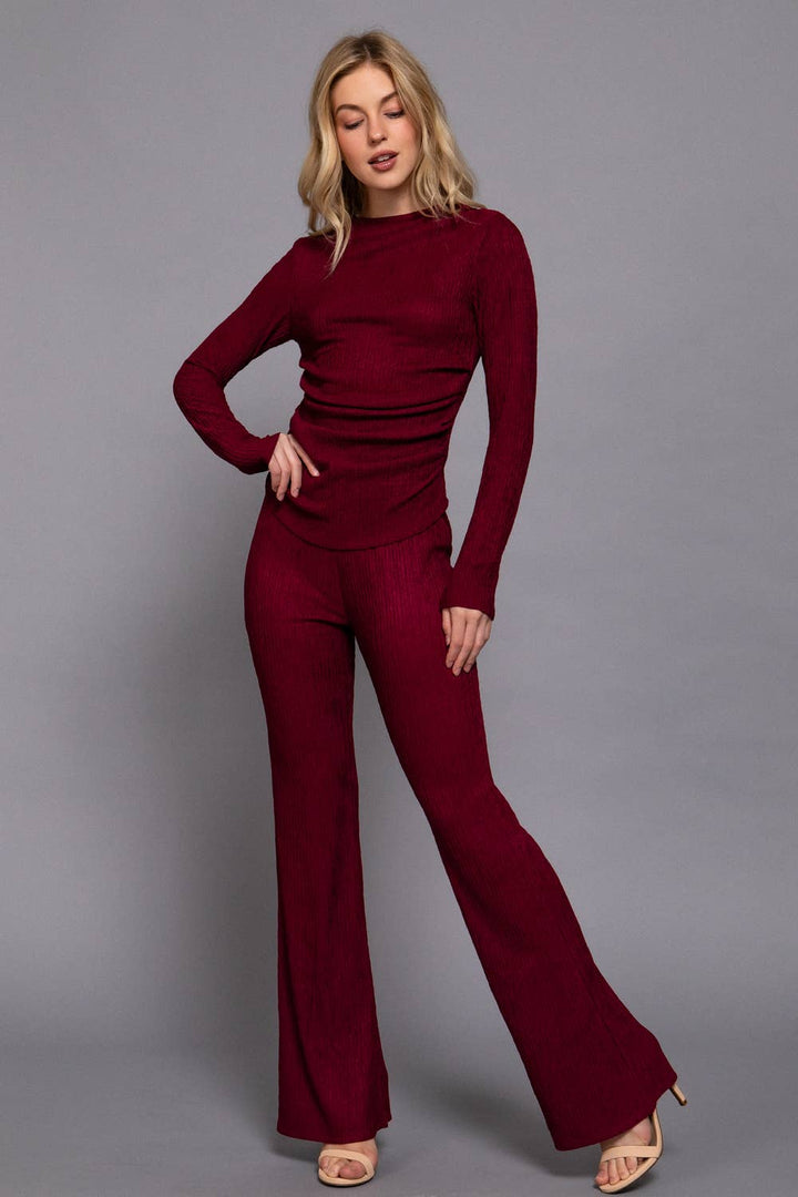 Long Sleeve Draped Top & Waist Band Flare Pants Set: BRG-wine / L-Two Piece Set-Active Basic | Active USA-Shop with Bloom West Boutique, Women's Fashion Boutique, Located in Houma, Louisiana
