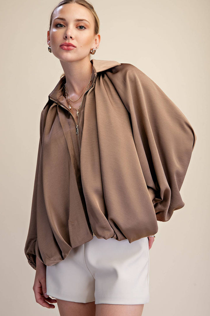 Balloon Pleated Detail Bomber Jacket-Glam-Shop with Bloom West Boutique, Women&