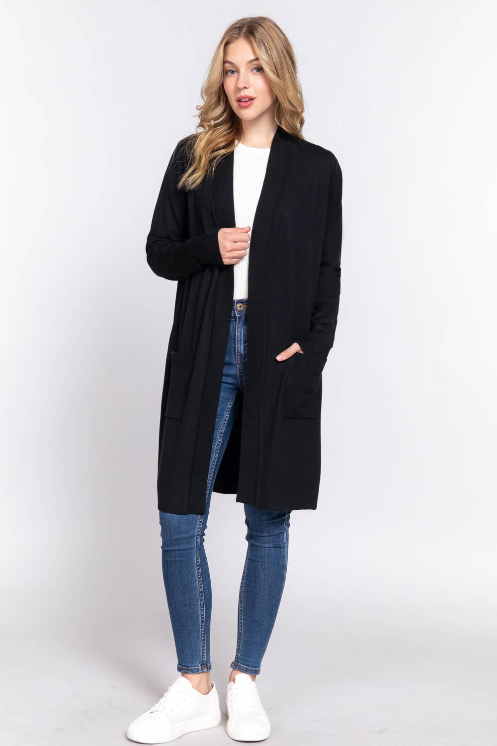 Long Sleeve Rib Banded Open Tunic Sweater Cardigan: Blk-Black / L-Cardigans-Active Basic | Active USA-Shop with Bloom West Boutique, Women's Fashion Boutique, Located in Houma, Louisiana