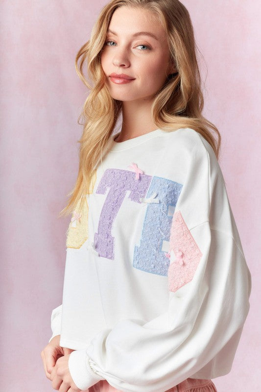 Easter Tweed Embroidery Sweatshirt-Sweaters-Peach Love-Shop with Bloom West Boutique, Women's Fashion Boutique, Located in Houma, Louisiana