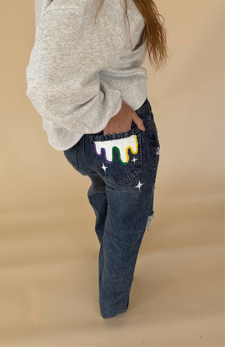 Throw Me Something Mister Mardi Gras Jeans-Jeans-Bloom West Boutique Custom-Shop with Bloom West Boutique, Women's Fashion Boutique, Located in Houma, Louisiana