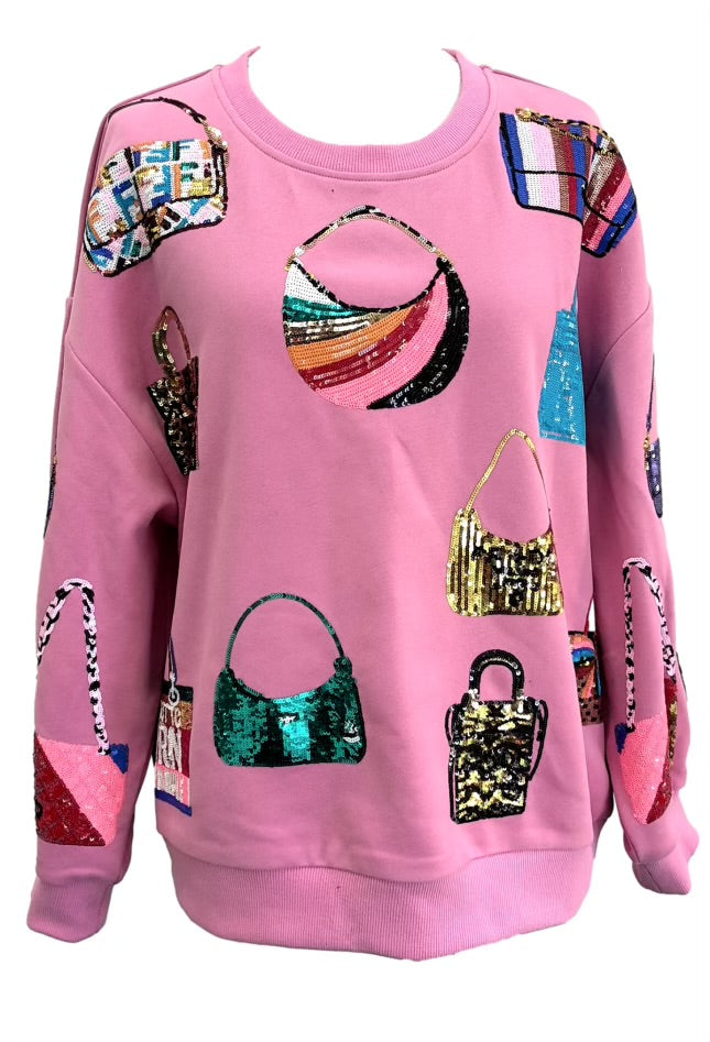 Pink Queen Of Purses Sweatshirt-Graphic Sweaters-Queen Of Sparkles-Shop with Bloom West Boutique, Women's Fashion Boutique, Located in Houma, Louisiana