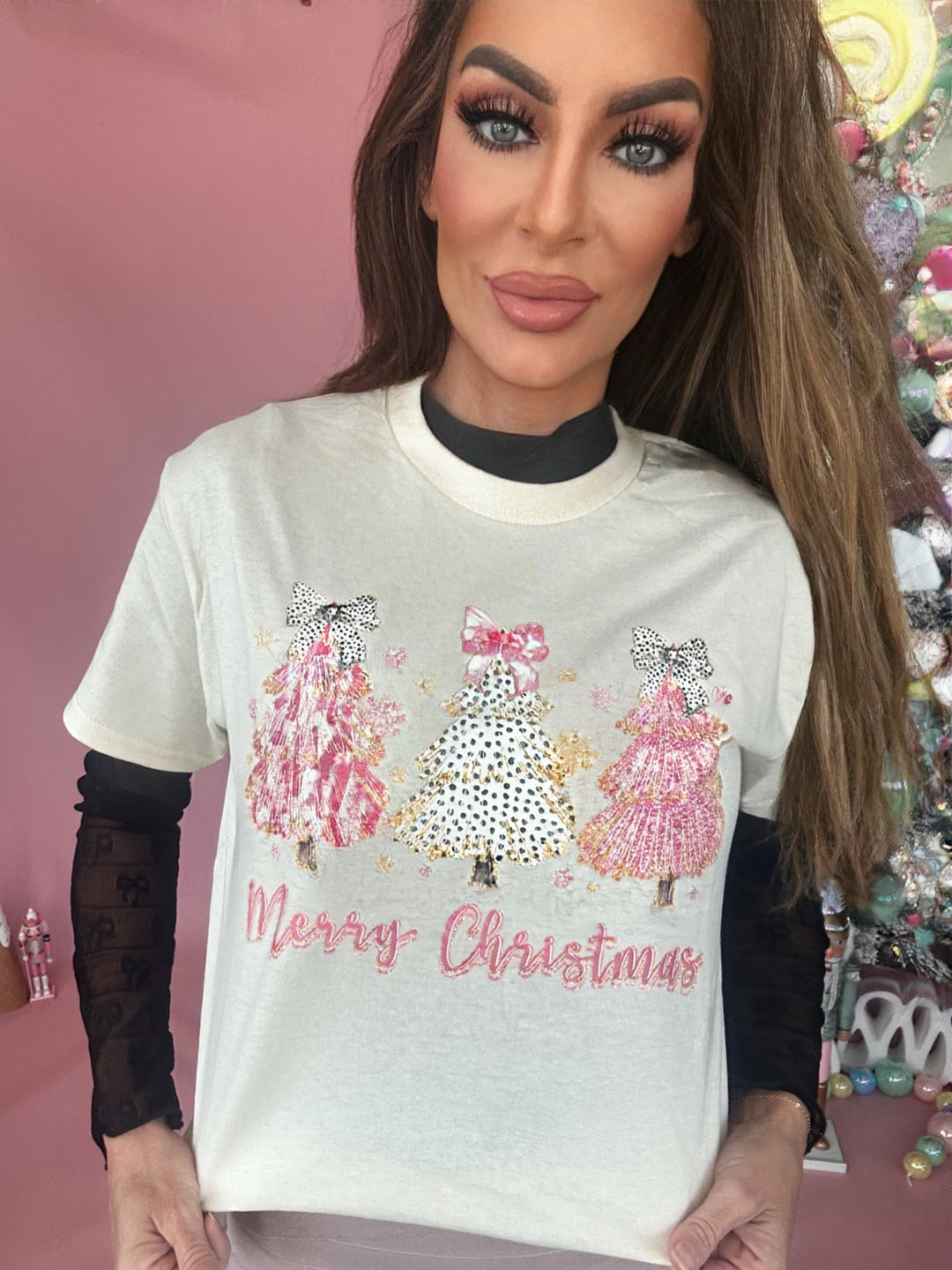 Pink Three Bows Yule Tee-Shirt-Graphic Tees-Christmas tee's-Shop with Bloom West Boutique, Women's Fashion Boutique, Located in Houma, Louisiana