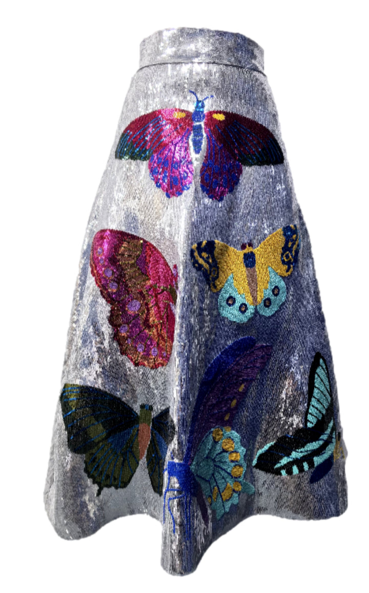 Queen Of Sparkles Silver Full Sequin Butterfly Midi Skirt-QOS Bottoms-Queen Of Sparkles-Shop with Bloom West Boutique, Women's Fashion Boutique, Located in Houma, Louisiana