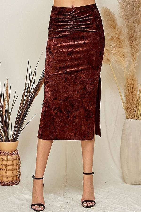 RUCHED CRUSHED VELVELT MIDI SKIRT-Skirts-Heart & Hips-Shop with Bloom West Boutique, Women's Fashion Boutique, Located in Houma, Louisiana