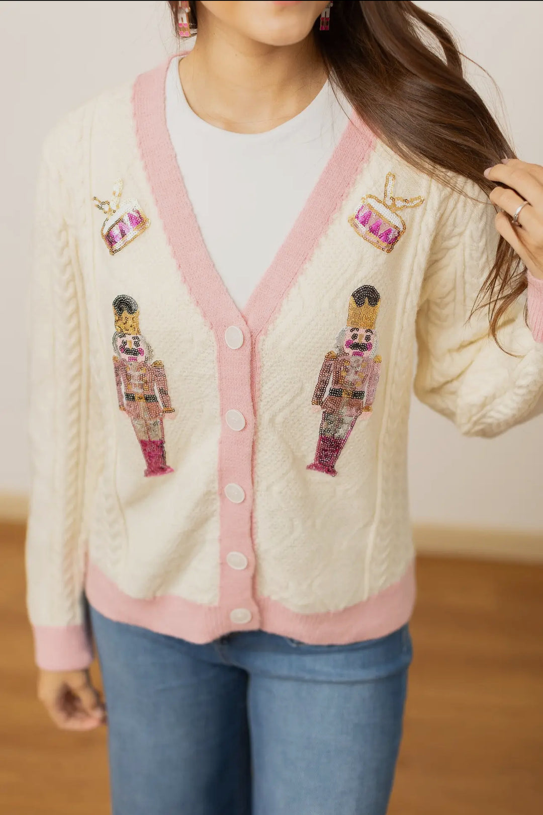 Maria Beige and Pink Nutcracker Cardigan-Cardigans-Southern Grace-Shop with Bloom West Boutique, Women's Fashion Boutique, Located in Houma, Louisiana