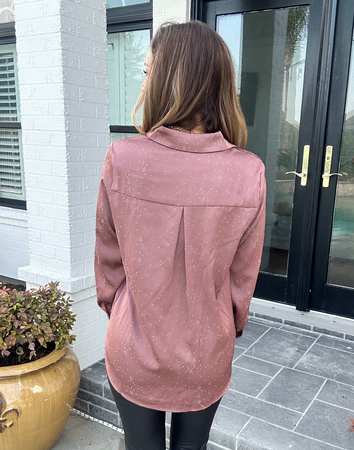 Jersi Hot Fix Button Down Blouse-Short Sleeves-skies are blue-Shop with Bloom West Boutique, Women's Fashion Boutique, Located in Houma, Louisiana