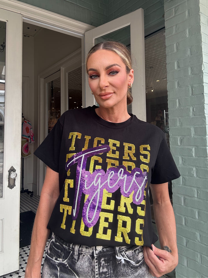 Tigers Sequin Design Tee-tops-Bomb Designs-Shop with Bloom West Boutique, Women's Fashion Boutique, Located in Houma, Louisiana