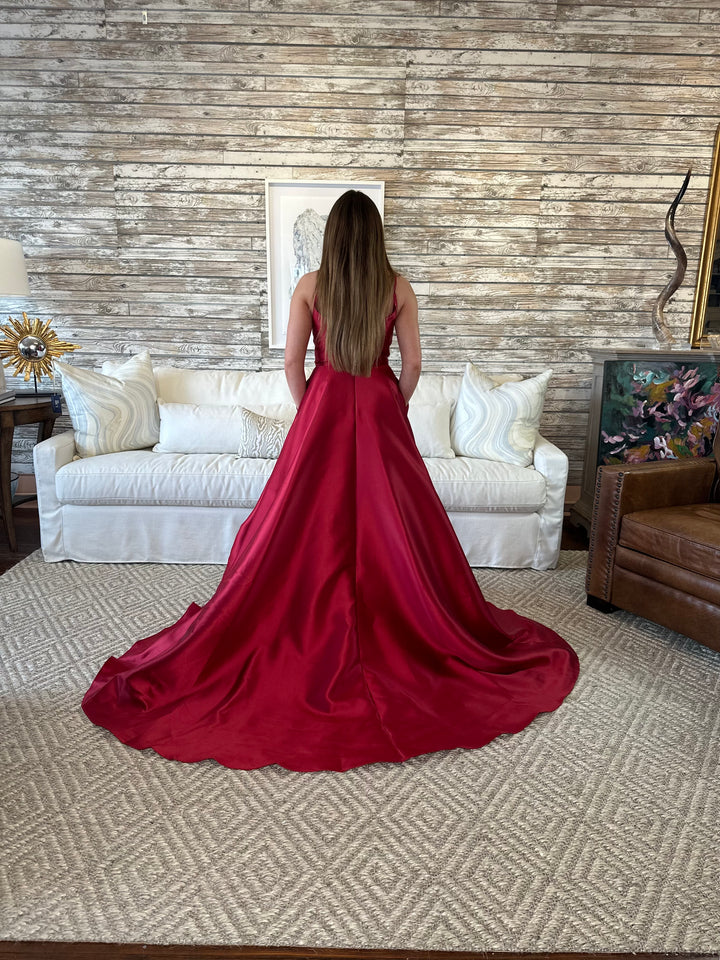Annika Burgundy Wine Satin Gown-Dresses-Ruby Prom-Shop with Bloom West Boutique, Women's Fashion Boutique, Located in Houma, Louisiana