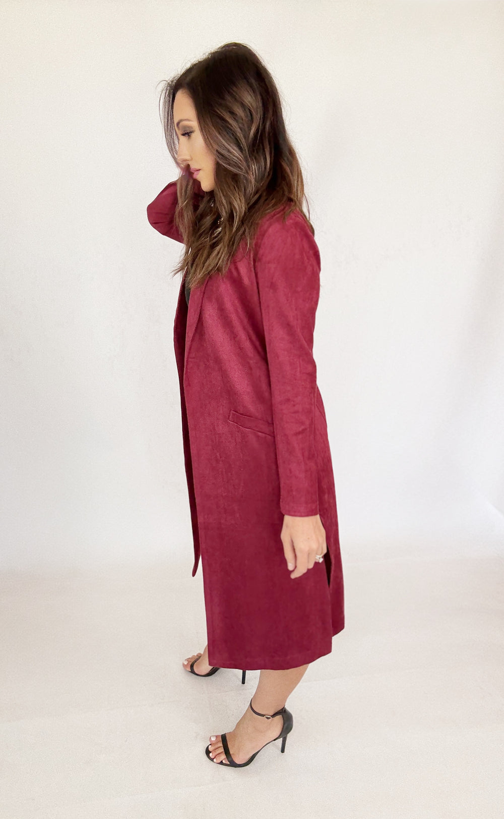 Sofía Suede Duster Burgundy-Jackets-skies are blue-Shop with Bloom West Boutique, Women's Fashion Boutique, Located in Houma, Louisiana