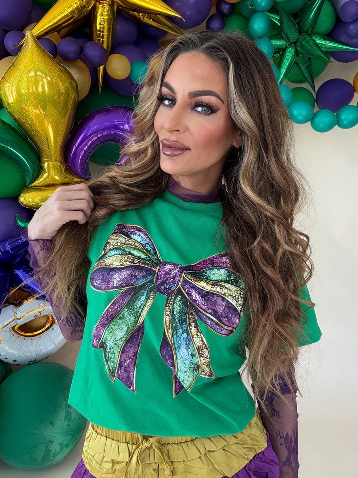 Mardi Gras Green Glitter Bow Tee-Graphic Tees-The Wild Navy-Shop with Bloom West Boutique, Women's Fashion Boutique, Located in Houma, Louisiana