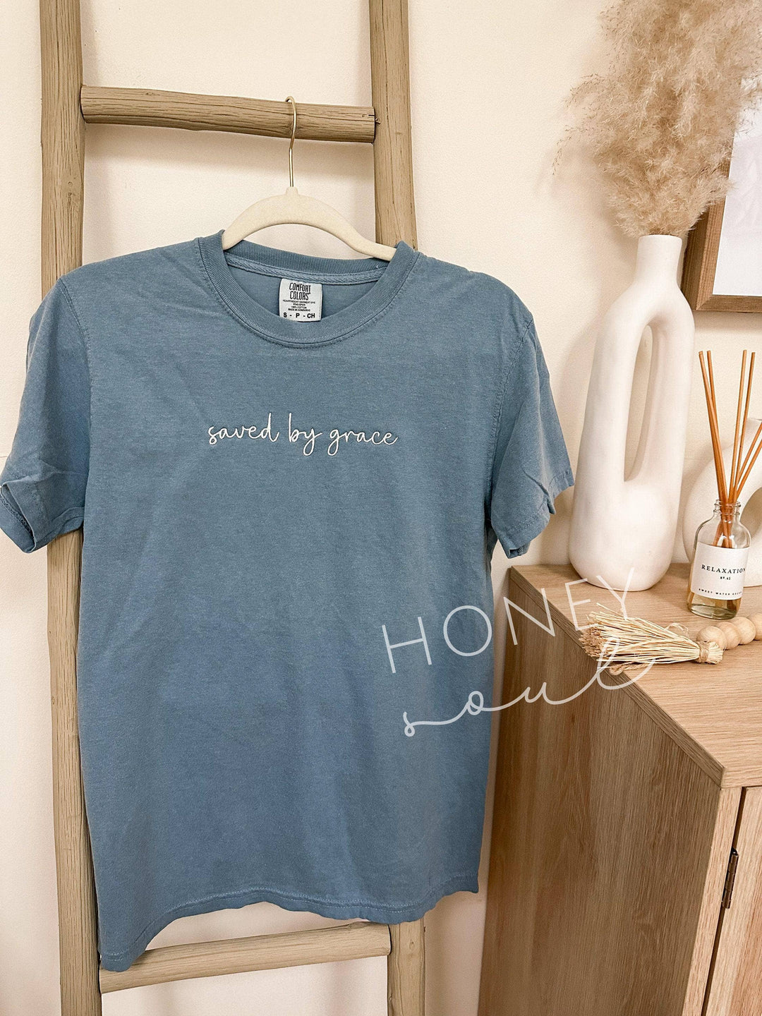Embroidered saved by grace Tee-Graphic Tees-Honey Soul LLC-Shop with Bloom West Boutique, Women's Fashion Boutique, Located in Houma, Louisiana