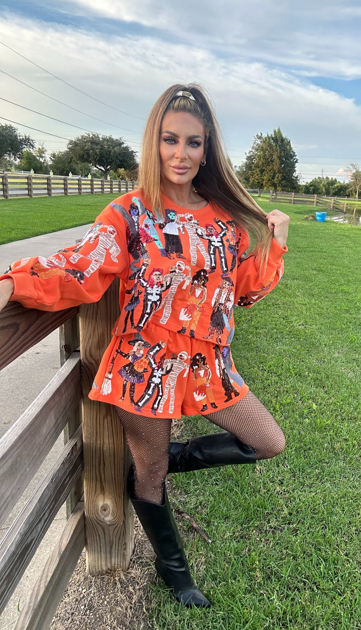 Queen of Sparkles Orange Spooky Dancers Sweatshirt-Graphic Sweaters-Queen Of Sparkles-Shop with Bloom West Boutique, Women's Fashion Boutique, Located in Houma, Louisiana