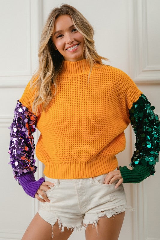 Krewe Spangled Sleeve Mardi Gras Color Block Sweater-Sweaters-Bibi-Shop with Bloom West Boutique, Women's Fashion Boutique, Located in Houma, Louisiana