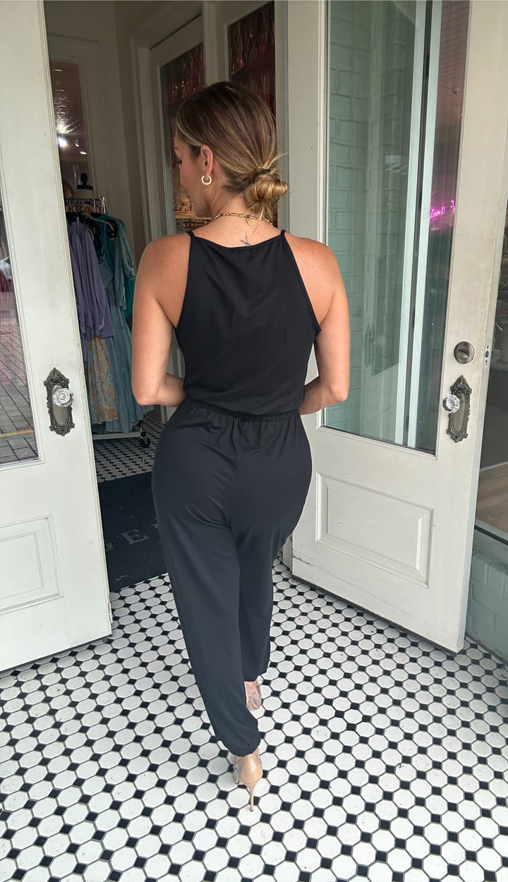 Gena Spaghetti Strap Elastic Waist Jumpsuit-Jumpsuits-Capella Apparel-Shop with Bloom West Boutique, Women's Fashion Boutique, Located in Houma, Louisiana