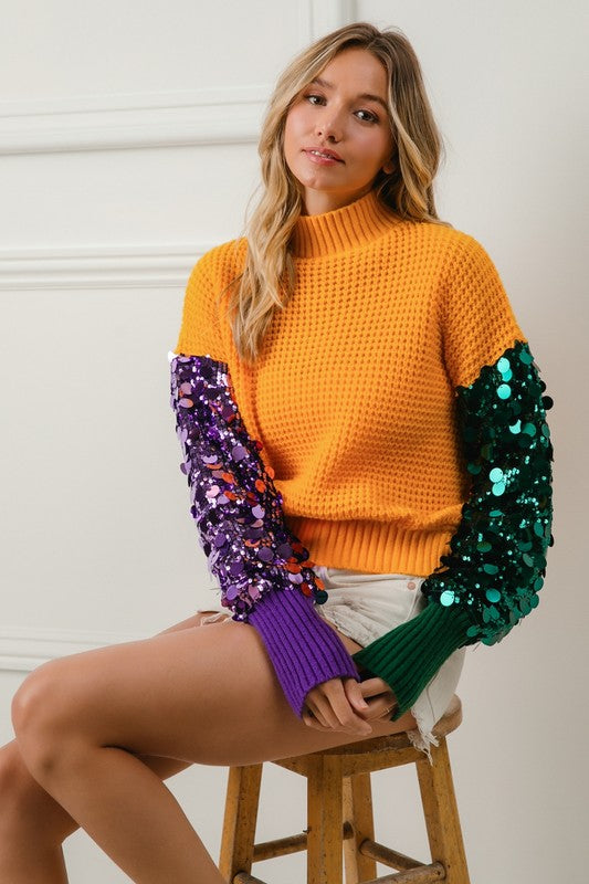 Krewe Spangled Sleeve Mardi Gras Color Block Sweater-Sweaters-Bibi-Shop with Bloom West Boutique, Women's Fashion Boutique, Located in Houma, Louisiana