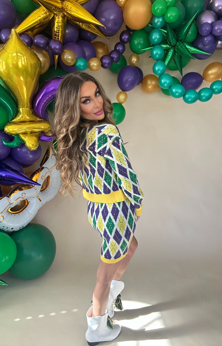 Mardi Gras Diamond Pattern Cardigan and Skirt Set-Cardigans-So Me-Shop with Bloom West Boutique, Women's Fashion Boutique, Located in Houma, Louisiana