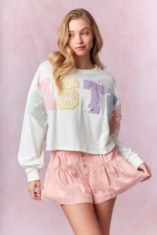 Easter Tweed Embroidery Sweatshirt-Sweaters-Peach Love-Shop with Bloom West Boutique, Women's Fashion Boutique, Located in Houma, Louisiana