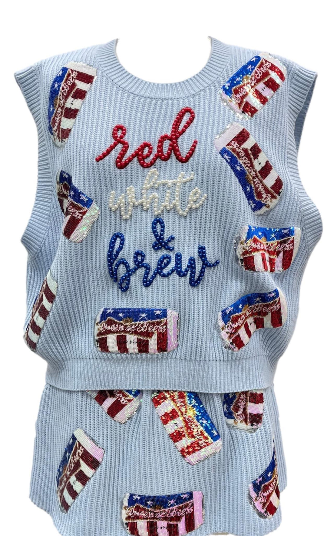 Light Blue 'Red, White, & Brew' Queen Of Sparkles Sweater Vest-Short Sleeves-Queen Of Sparkles-Shop with Bloom West Boutique, Women's Fashion Boutique, Located in Houma, Louisiana