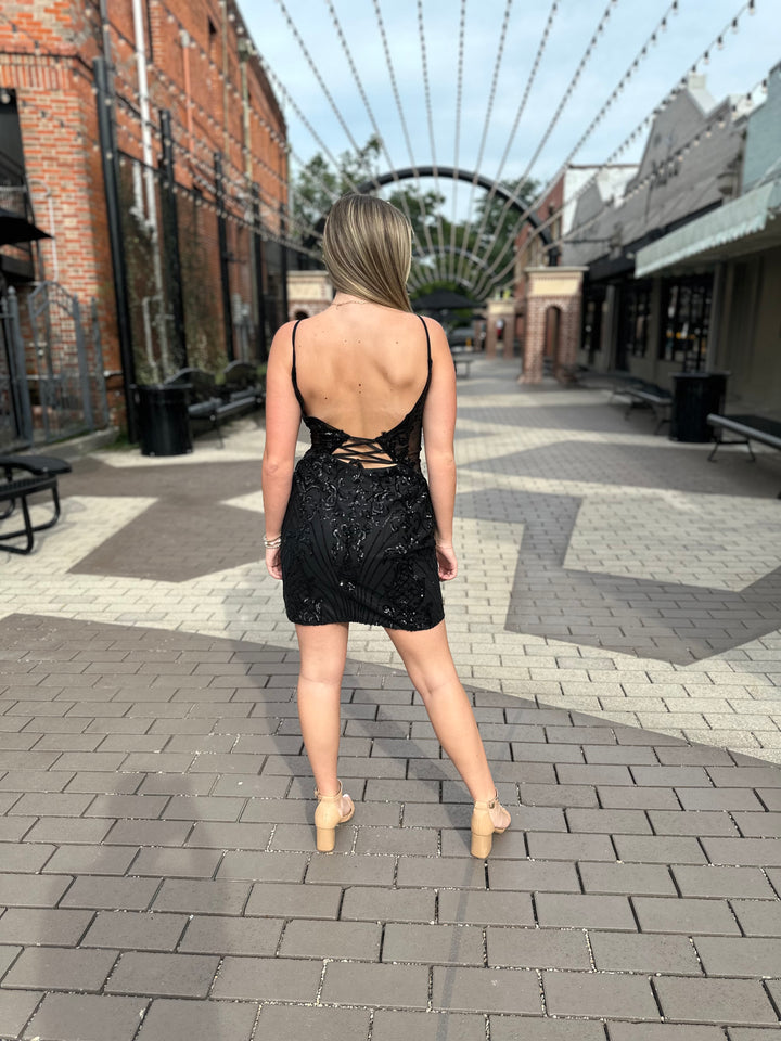 Juliette Sequin Side Mesh Dress-Semi Formal Dresses-Noxanabel-Shop with Bloom West Boutique, Women's Fashion Boutique, Located in Houma, Louisiana