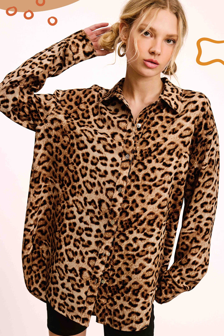 Leopard Printed Button Down-Tops-La Miel-Shop with Bloom West Boutique, Women's Fashion Boutique, Located in Houma, Louisiana