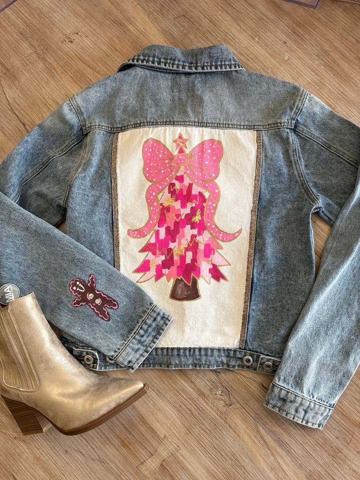 Women's Christmas Tree Hand Custom Painted Denim Jacket-Jackets-Bloom West Boutique-Shop with Bloom West Boutique, Women's Fashion Boutique, Located in Houma, Louisiana