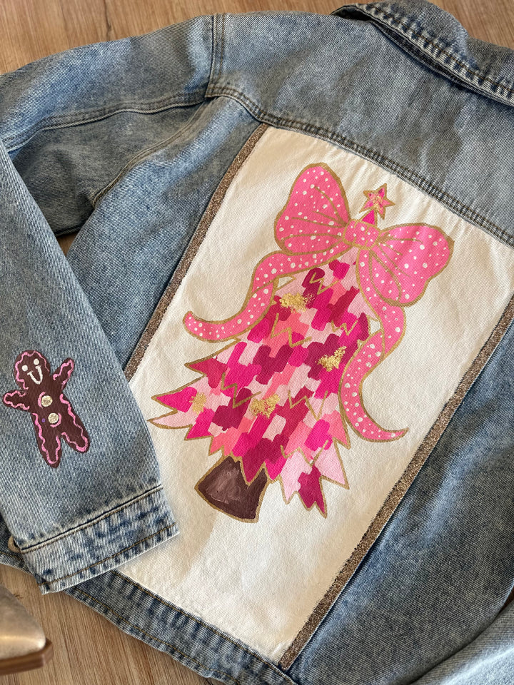 Women's Christmas Tree Hand Custom Painted Denim Jacket-Jackets-Bloom West Boutique-Shop with Bloom West Boutique, Women's Fashion Boutique, Located in Houma, Louisiana