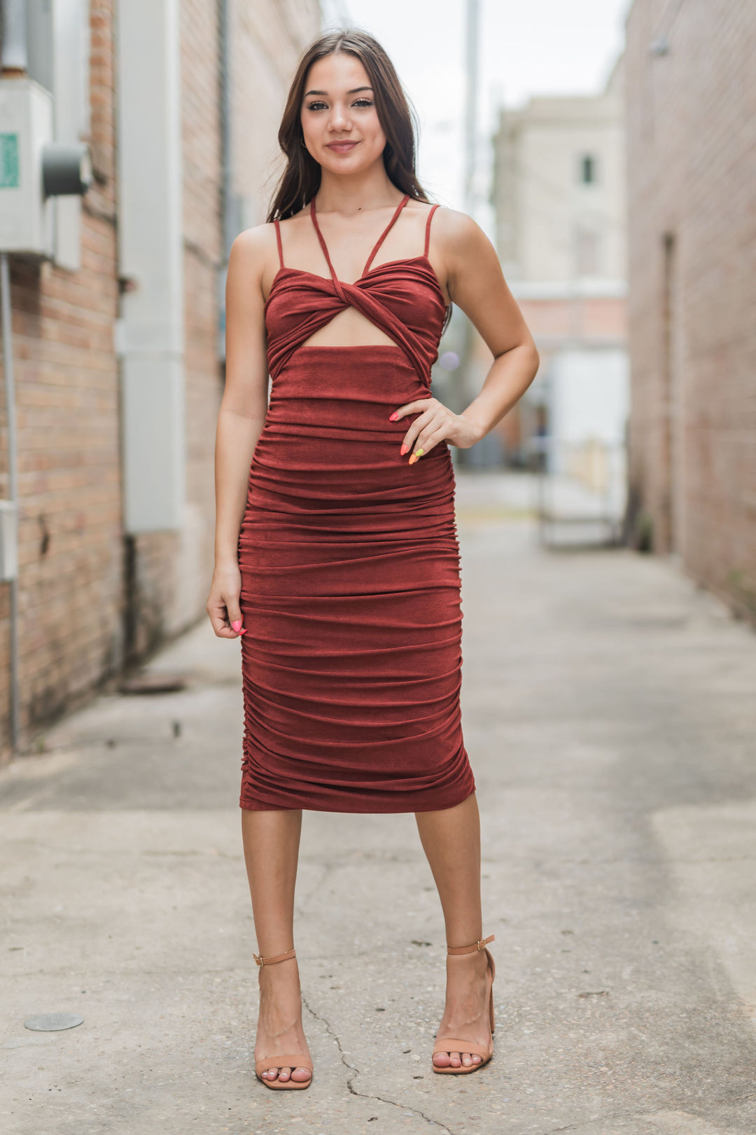 Pixie Midi Spaghetti Cut Out Dress Brick-Dresses-Bloom West Boutique-Shop with Bloom West Boutique, Women's Fashion Boutique, Located in Houma, Louisiana