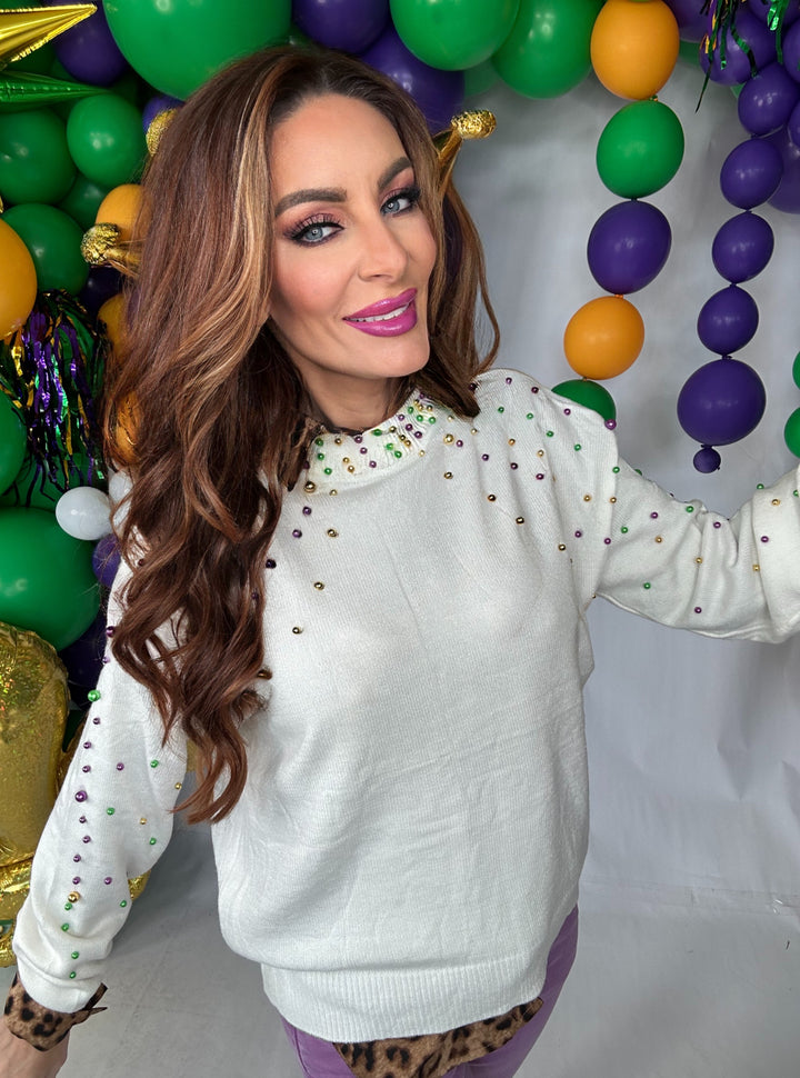 Mardi Gras Pearl Sweater-Tops-SongLily-Shop with Bloom West Boutique, Women's Fashion Boutique, Located in Houma, Louisiana
