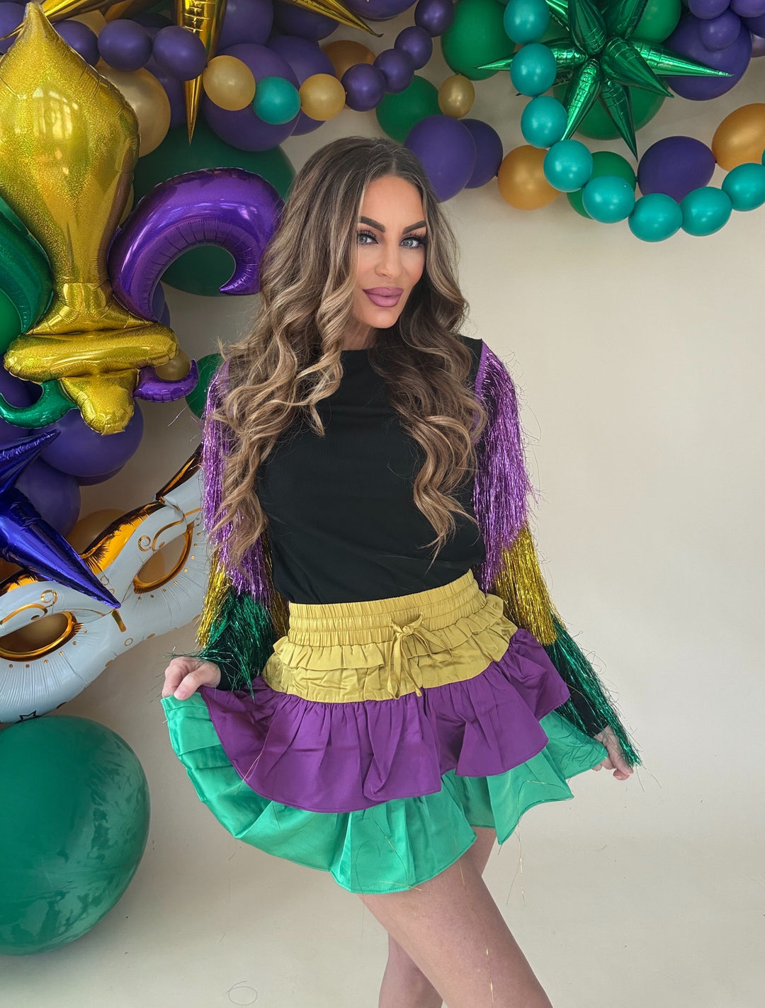 Mardi Gras Colorblock Layered Skort-Skorts-Bibi-Shop with Bloom West Boutique, Women's Fashion Boutique, Located in Houma, Louisiana