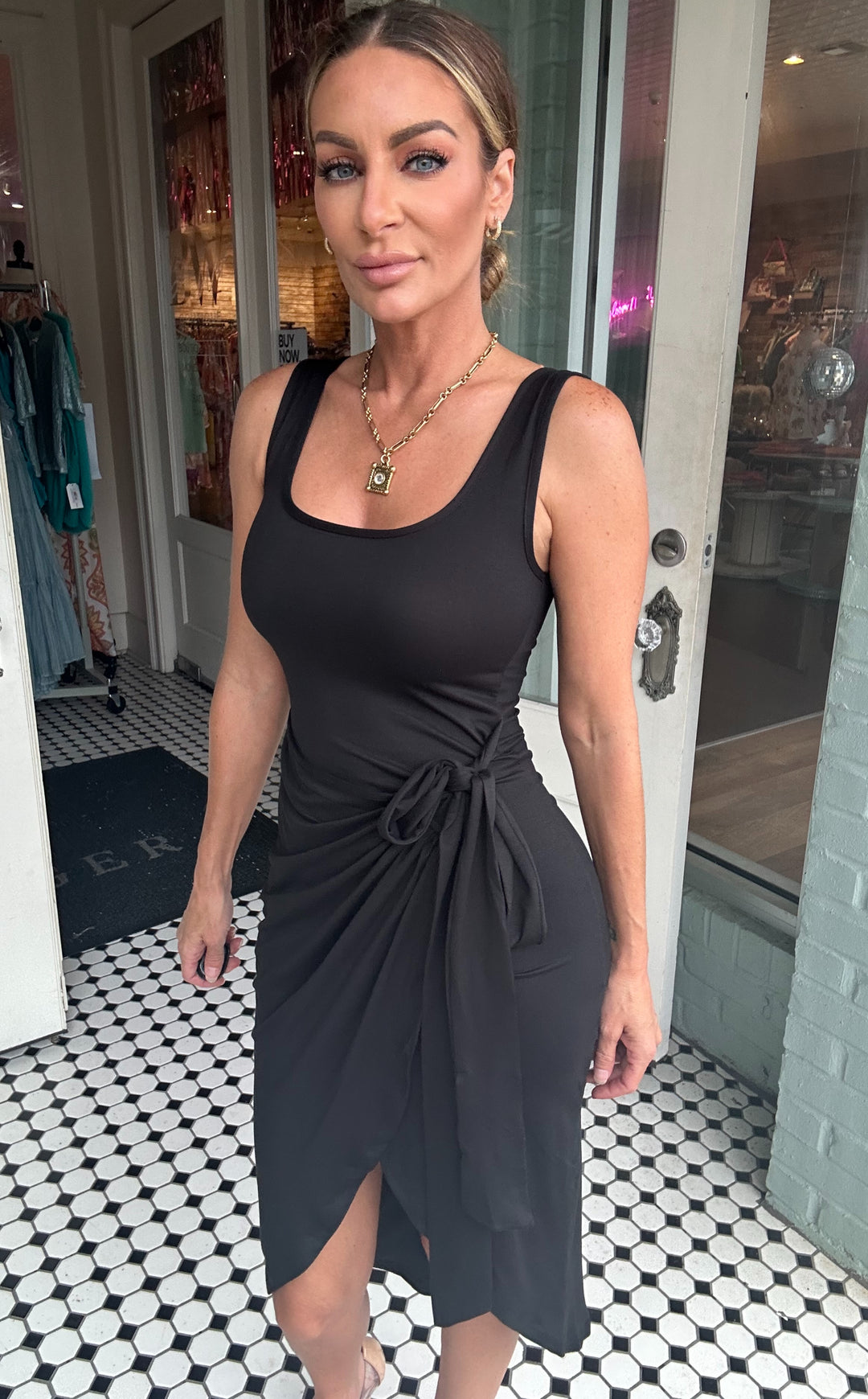 Gilda Wrap Front Tie Side Midi Dress-Midi Dresses-Capella Apparel-Shop with Bloom West Boutique, Women's Fashion Boutique, Located in Houma, Louisiana