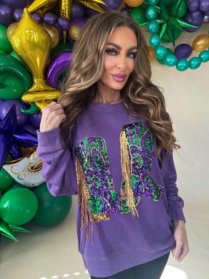 Nemesis Fringed Mardi Gras Boots Sequin Pullover-Graphic Sweaters-Bibi-Shop with Bloom West Boutique, Women's Fashion Boutique, Located in Houma, Louisiana