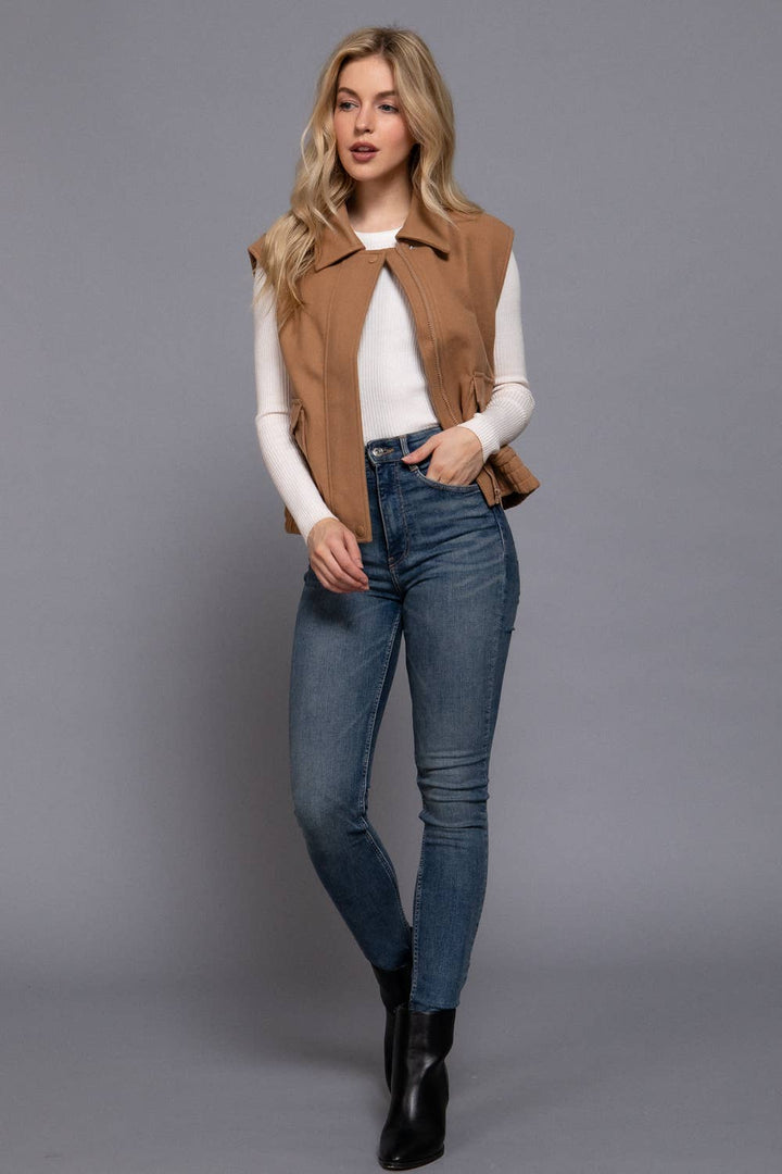 Collar Zip Up Vest Camel-Vests-Active Basic | Active USA-Shop with Bloom West Boutique, Women's Fashion Boutique, Located in Houma, Louisiana