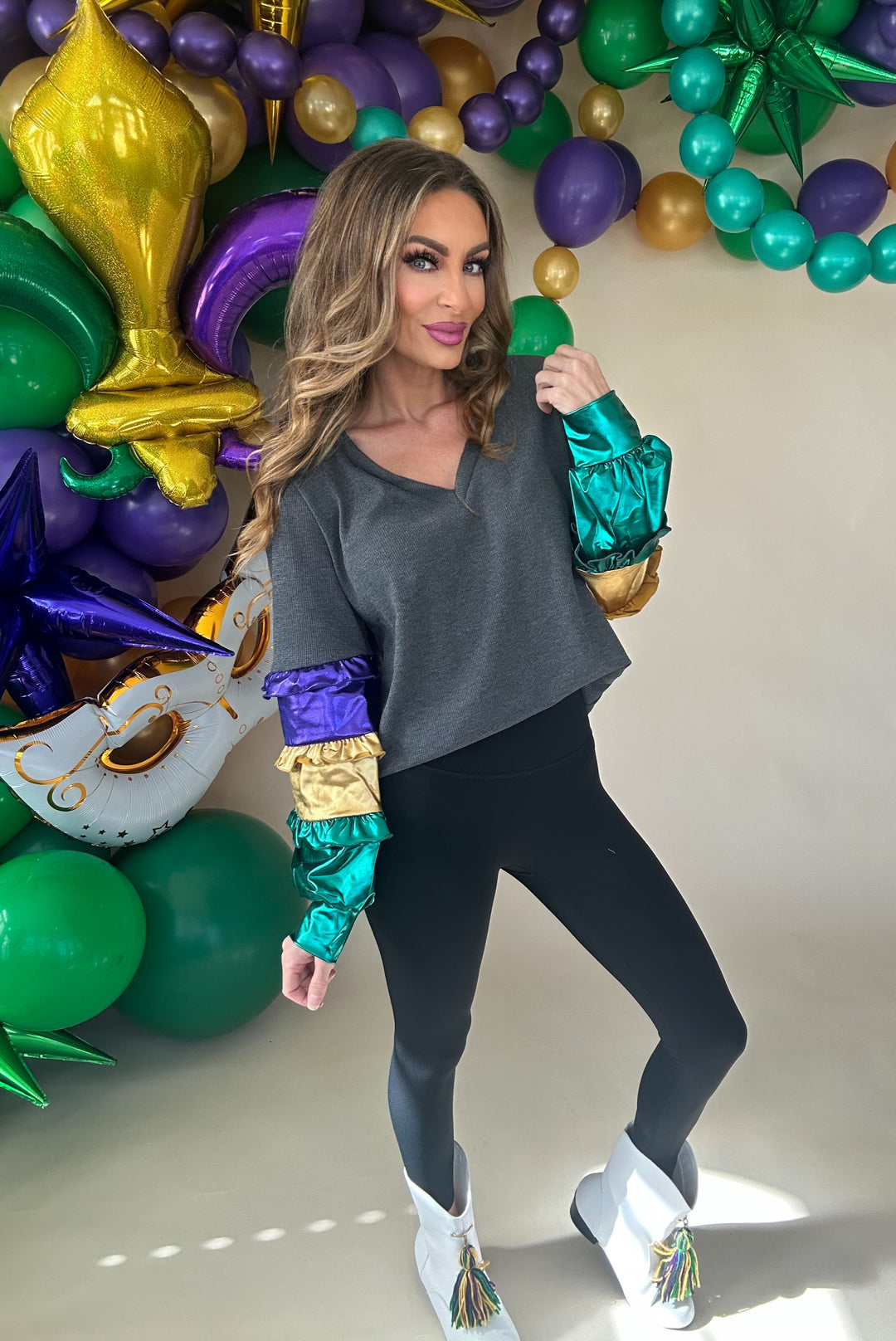 Mardi Foil Ruffled Color Block Thermal V-Neck Top-Long Sleeves-Bibi-Shop with Bloom West Boutique, Women's Fashion Boutique, Located in Houma, Louisiana