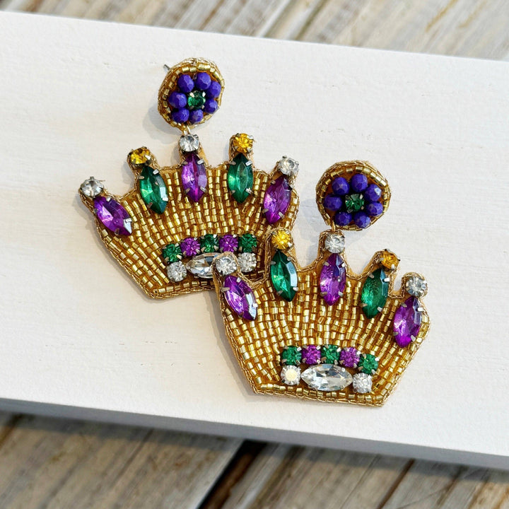 Mardi Gras Rhinestone Crown Earrings-Earrings-Nola Mercantile-Shop with Bloom West Boutique, Women's Fashion Boutique, Located in Houma, Louisiana