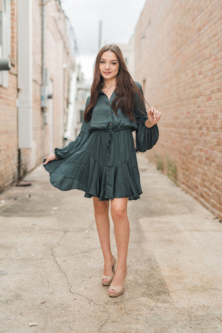 Tiara Solid Adjustable Balloon Dress Olive-Dresses-Lavender J-Shop with Bloom West Boutique, Women's Fashion Boutique, Located in Houma, Louisiana
